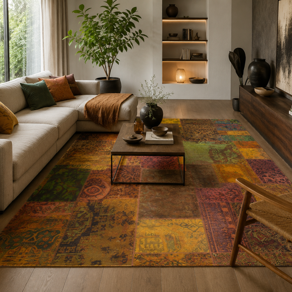 Helles, modernes Wohnzimmer im Boho-Stil