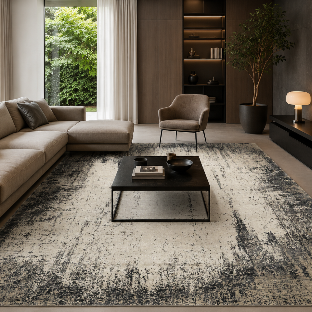Modern minimalist Wohnzimmer mit Naturblick